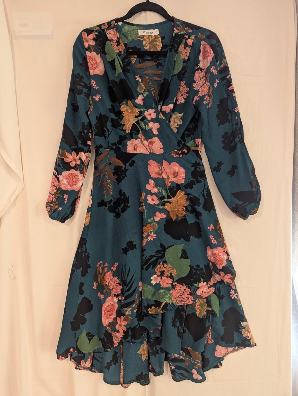St Frock Dress Aus 10 US 6 Teal Floral Wrap Midi Long Sleeve Ruffle Hem — photo 3 of 10