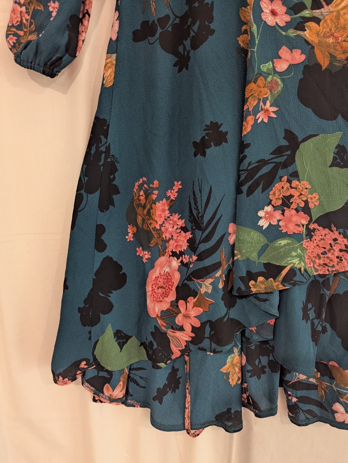 St Frock Dress Aus 10 US 6 Teal Floral Wrap Midi Long Sleeve Ruffle Hem — photo 4 of 10