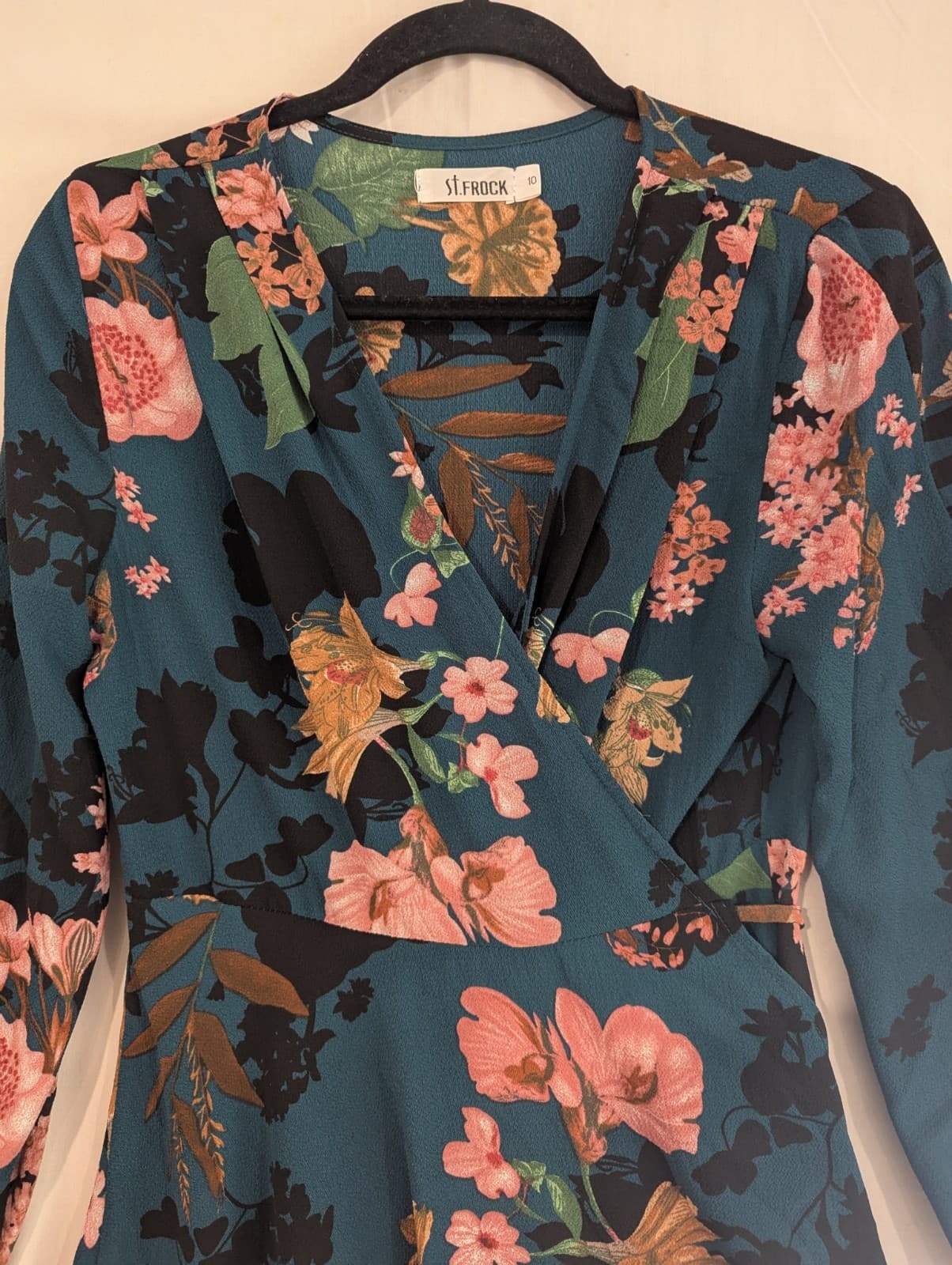 St Frock Dress Aus 10 US 6 Teal Floral Wrap Midi Long Sleeve Ruffle Hem — photo 5 of 10