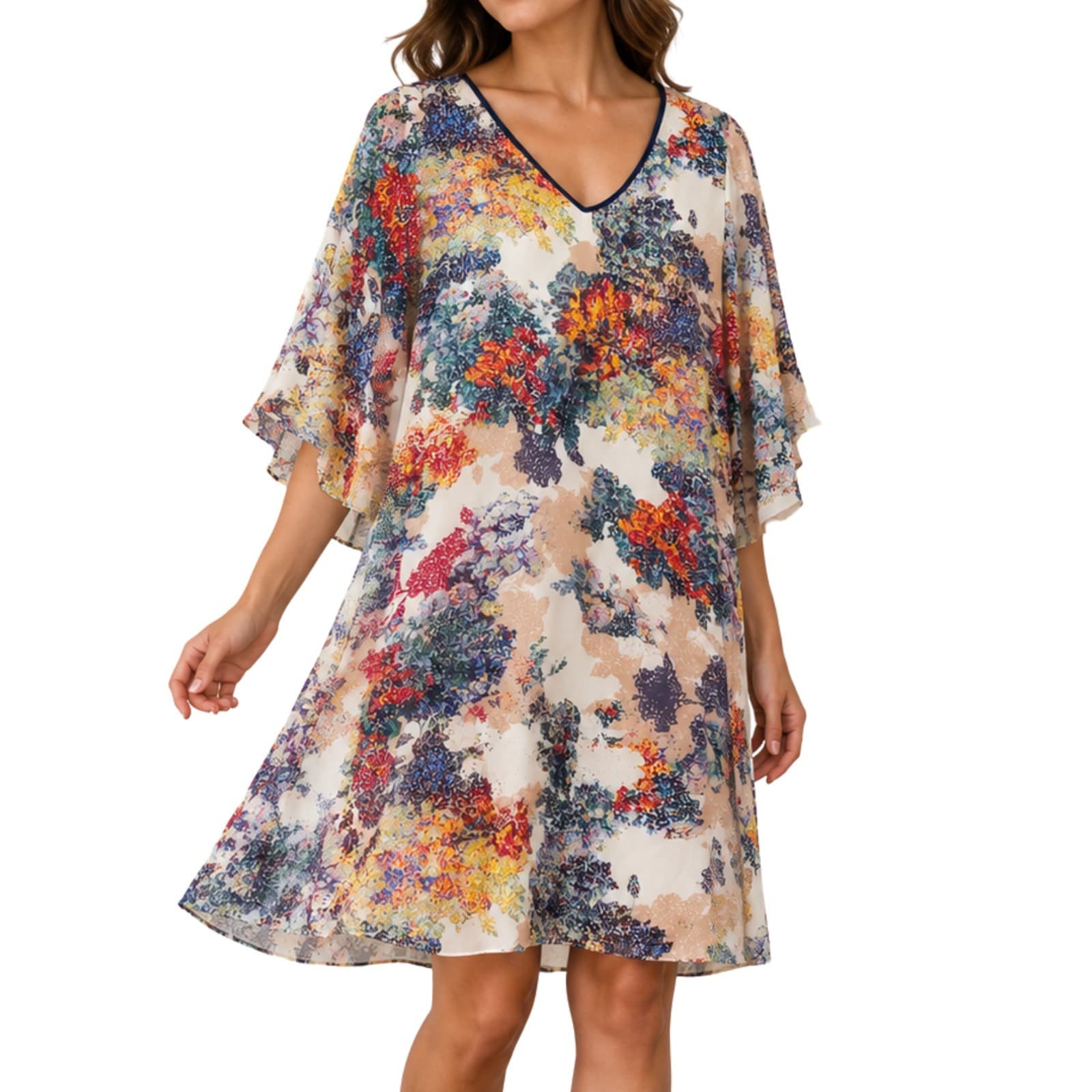 Blue Illusion Silk Shift Dress Womens XL AU 16 18 Multicolour Floral Kaftan — photo 1 of 10