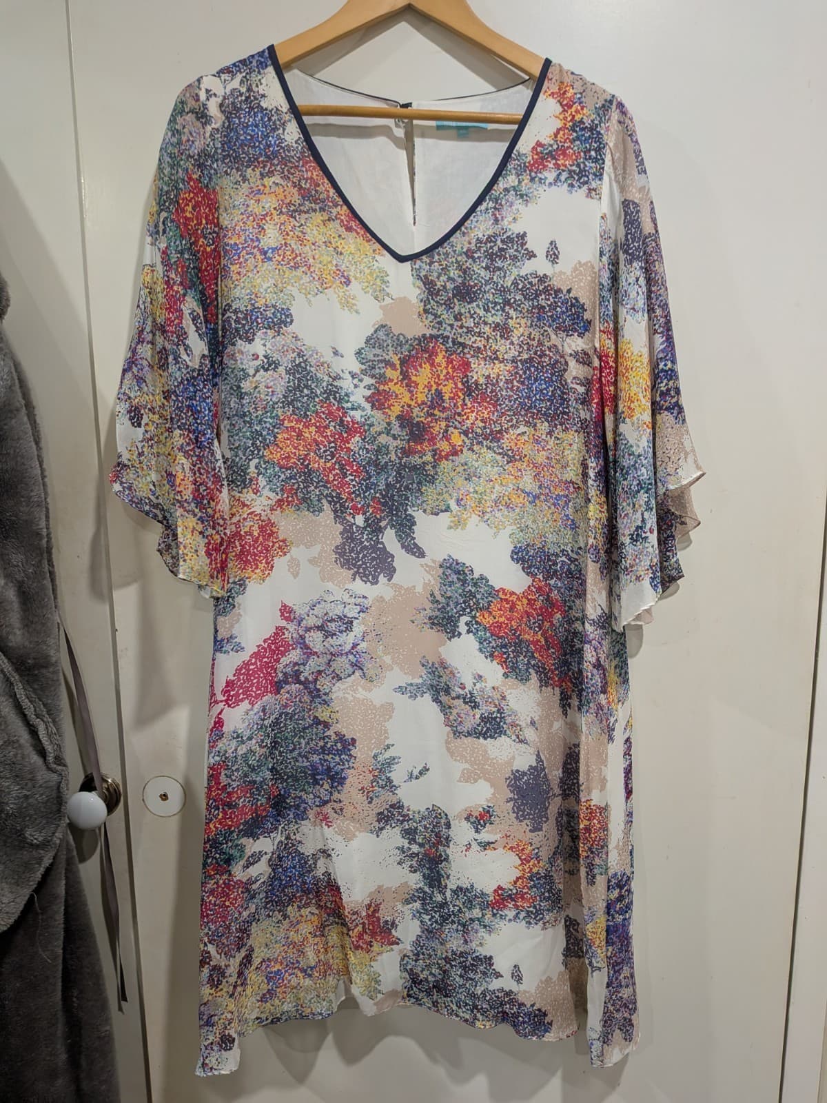 Blue Illusion Silk Shift Dress Womens XL AU 16 18 Multicolour Floral Kaftan — photo 2 of 10