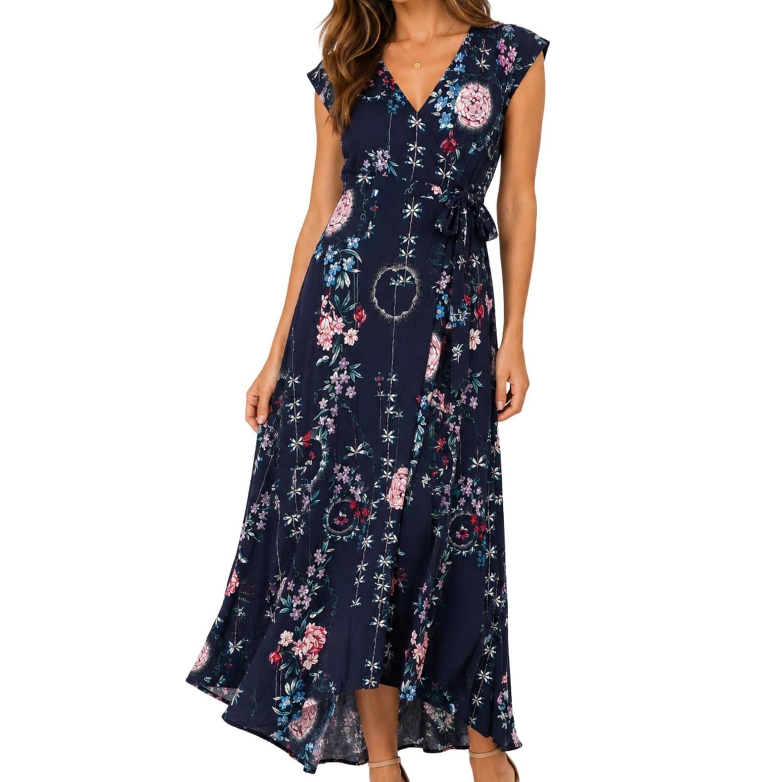 Jaase Maxi Dress XL Navy Floral Wrap Boho Short Sleeve Rayon Festival Beach — photo 1 of 13