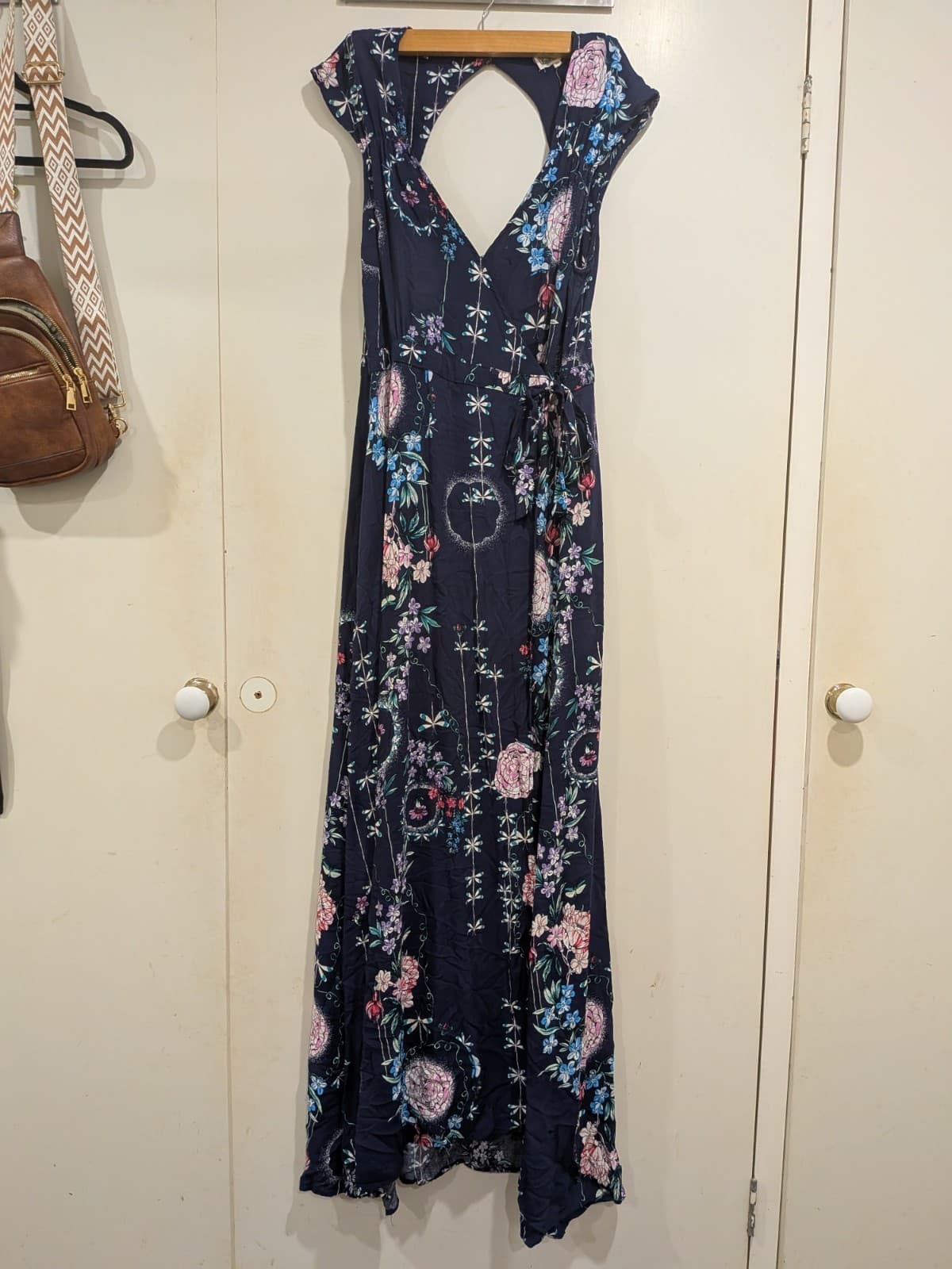 Jaase Maxi Dress XL Navy Floral Wrap Boho Short Sleeve Rayon Festival Beach — photo 2 of 13