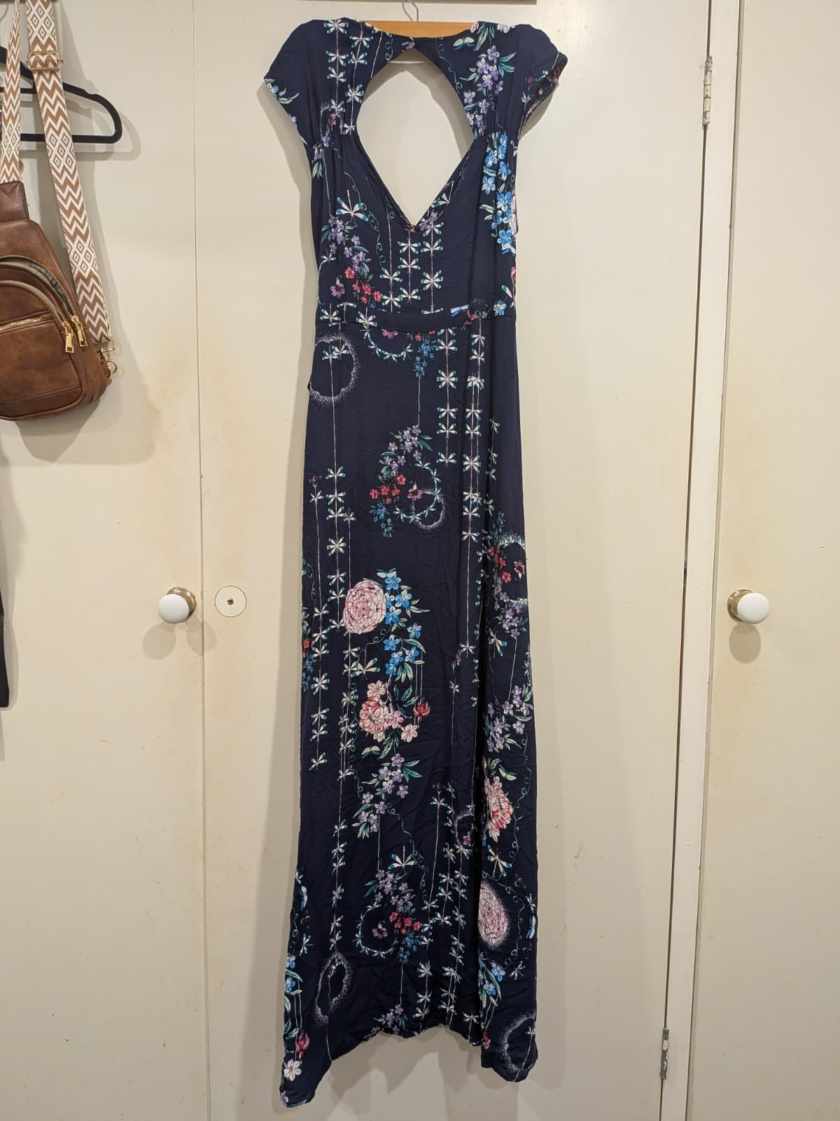 Jaase Maxi Dress XL Navy Floral Wrap Boho Short Sleeve Rayon Festival Beach — photo 10 of 13