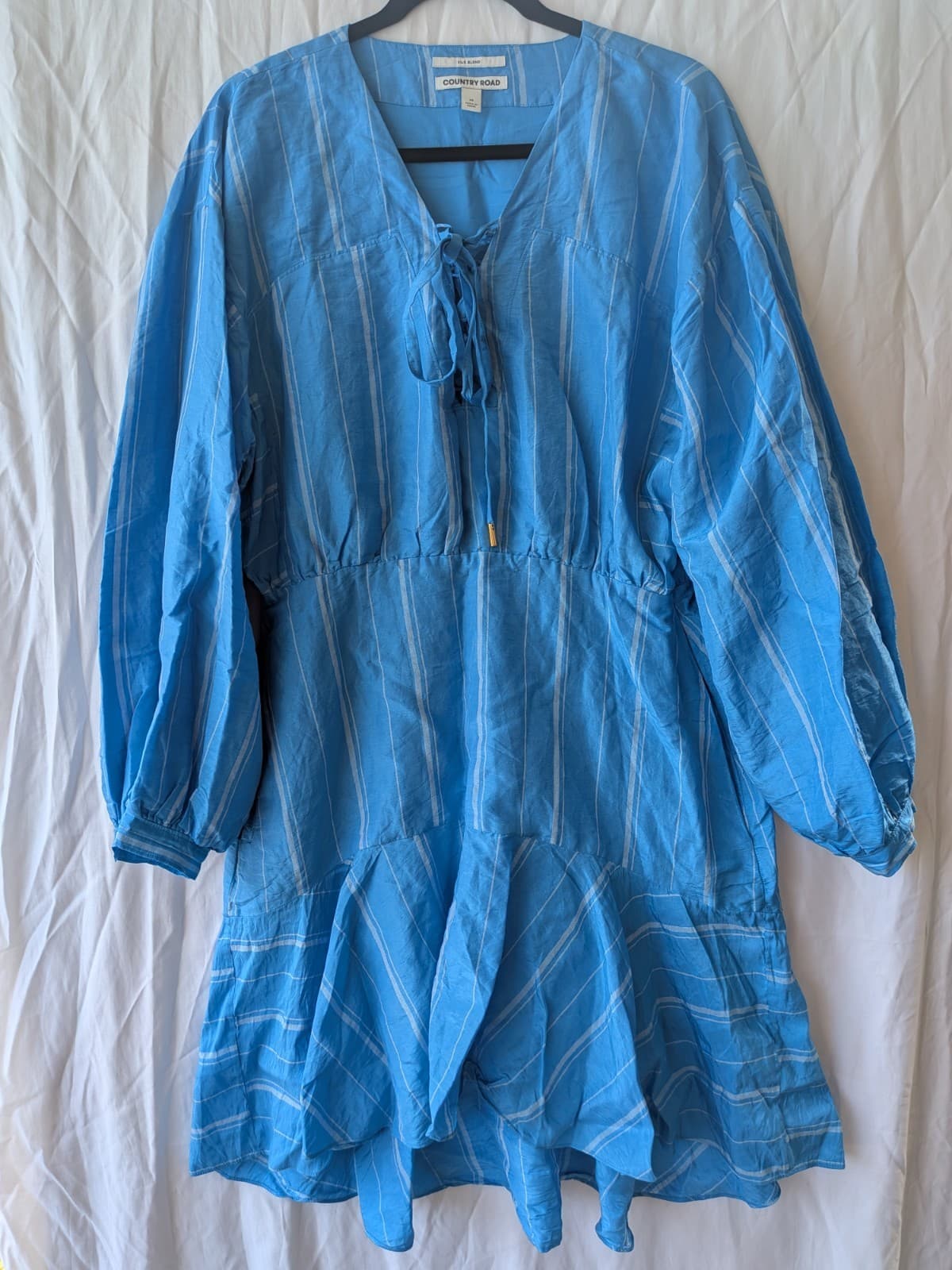 Country Road Silk Linen Dress Blue Stripe Long Sleeve Mini Size 14 — photo 2 of 12