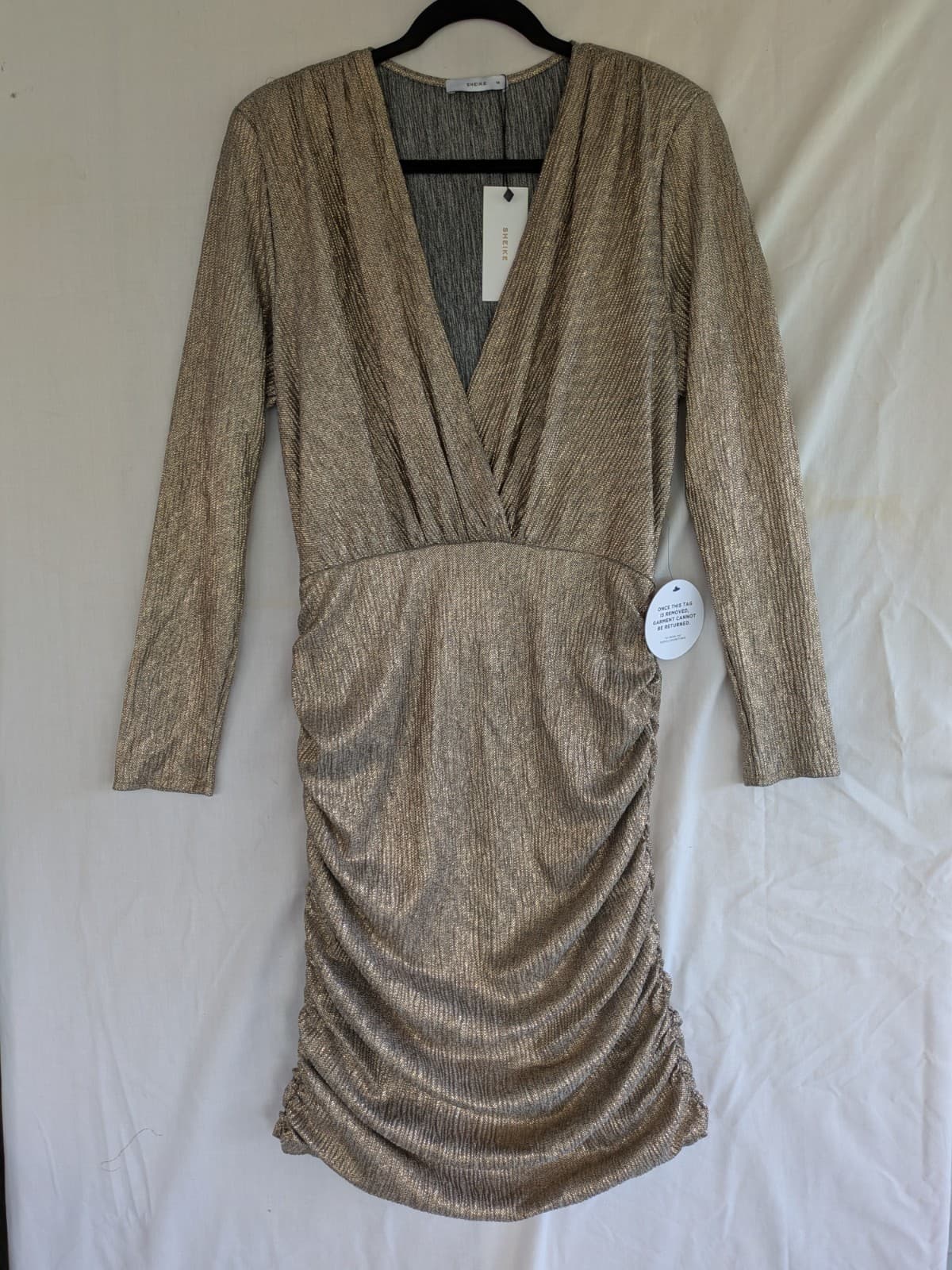 Sheike Womens Cocktail Dress Gold Metallic Ruched Long Sleeve Stretch Size 14 — photo 2 of 12