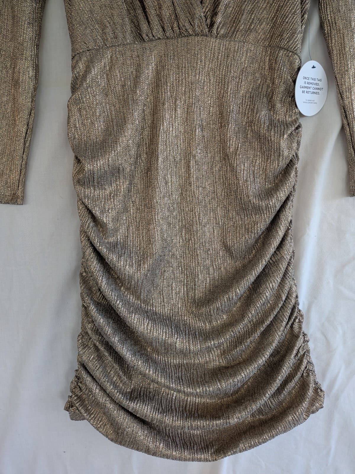 Sheike Womens Cocktail Dress Gold Metallic Ruched Long Sleeve Stretch Size 14 — photo 3 of 12