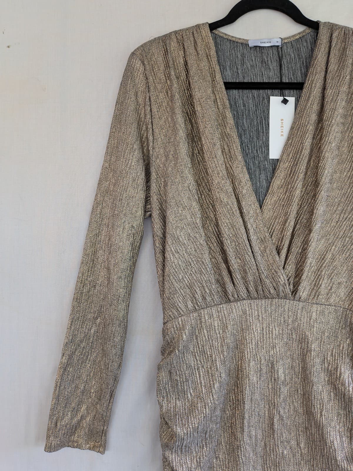 Sheike Womens Cocktail Dress Gold Metallic Ruched Long Sleeve Stretch Size 14 — photo 4 of 12