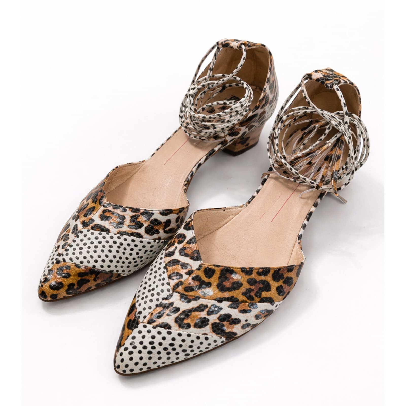 Mollini Flats Leather Pointed Toe Animal Print Ankle Tie Shoes Size EU 41 AU 10 — photo 1 of 15
