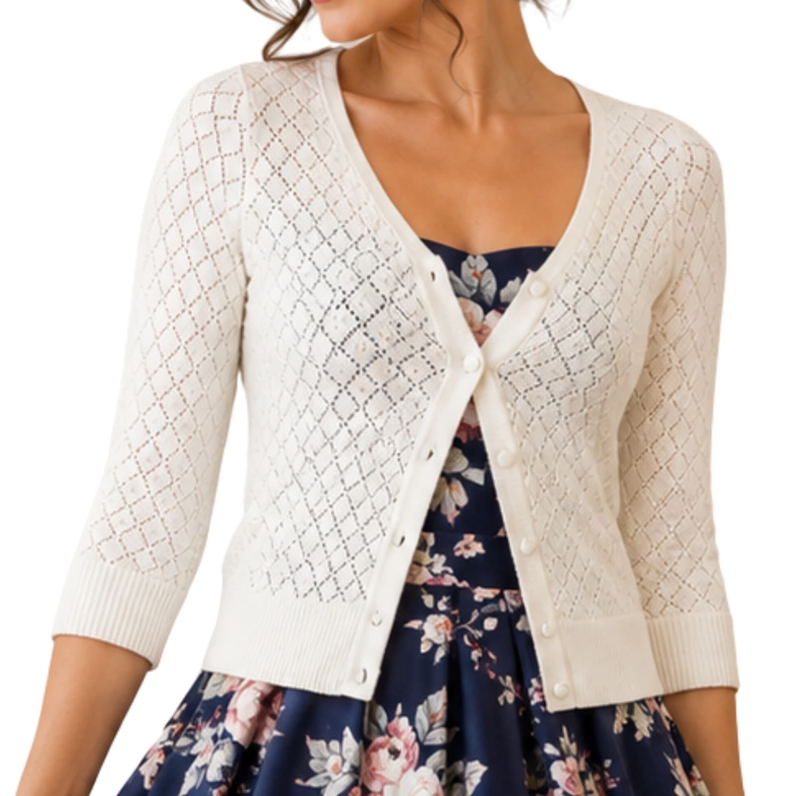 Review White Pointelle Knit Cardigan Pearl Detail 3/4 Sleeve Womens AU 8 Cotton