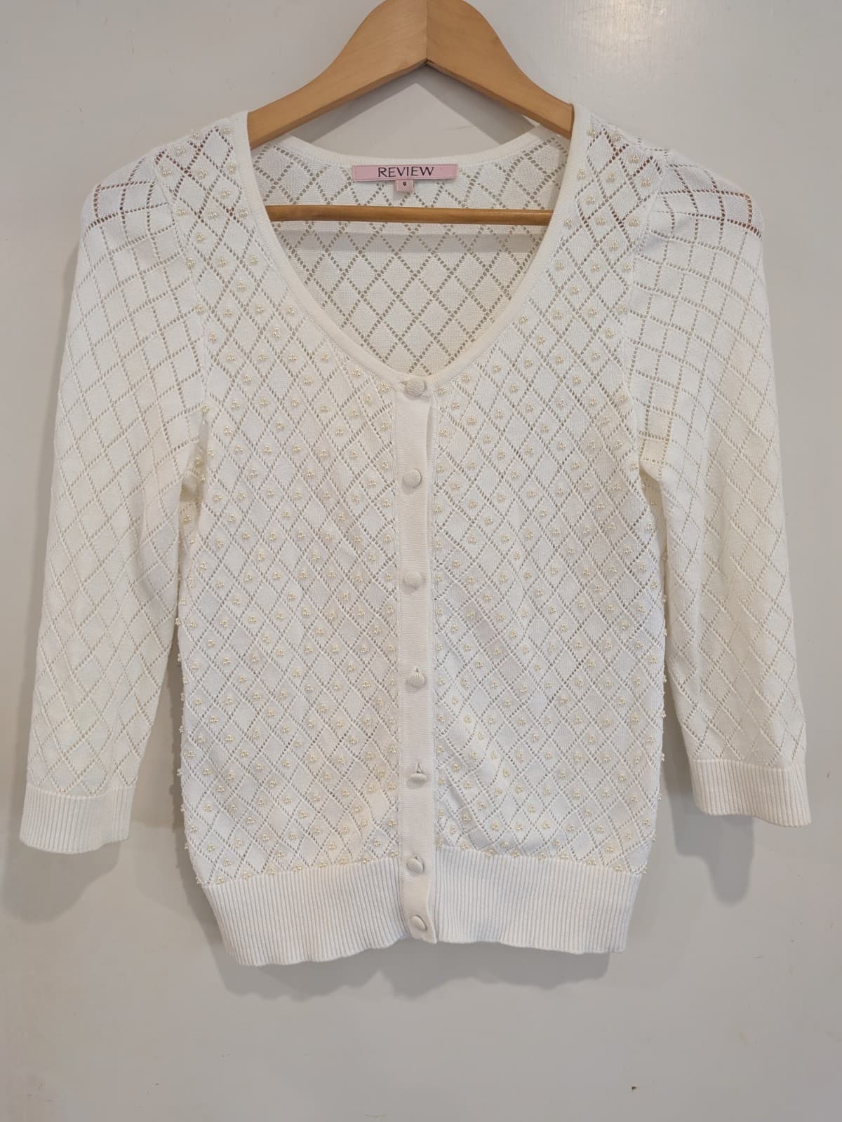 Review White Pointelle Knit Cardigan Pearl Detail 3/4 Sleeve Womens AU 8 Cotton — photo 2 of 9