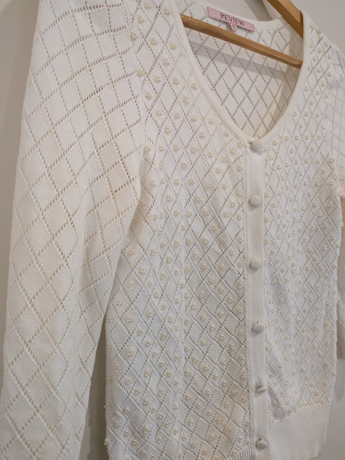 Review White Pointelle Knit Cardigan Pearl Detail 3/4 Sleeve Womens AU 8 Cotton — photo 3 of 9