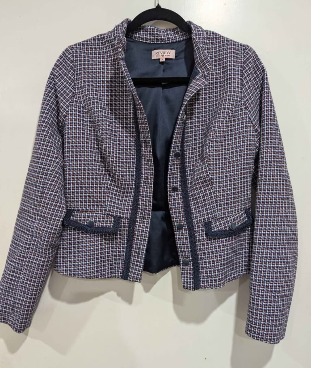 Review Blazer Wool Blend Jacket Navy Corporate Old Money Tweed Peplum Size 8 — photo 2 of 7