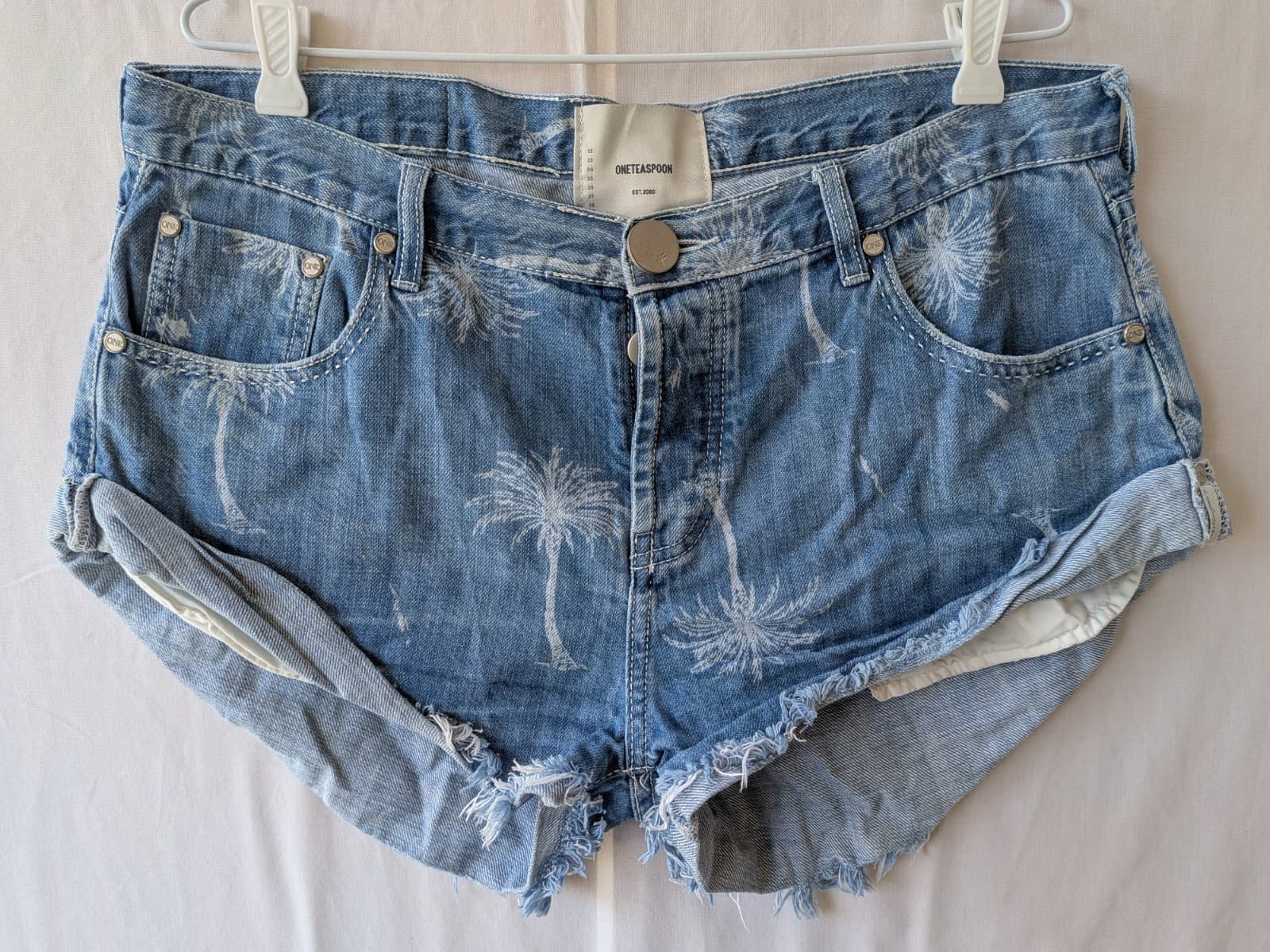 Oneteaspoon Denim Shorts Y2K Palm Tree Distressed Blue Size Aus 12 Us 8 — photo 4 of 14