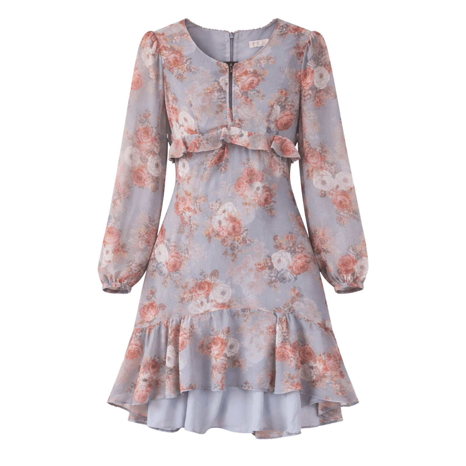 Forever New Dress Floral Ruffle Midi Blue Pink Long Sleeve Chiffon Size Aus 10