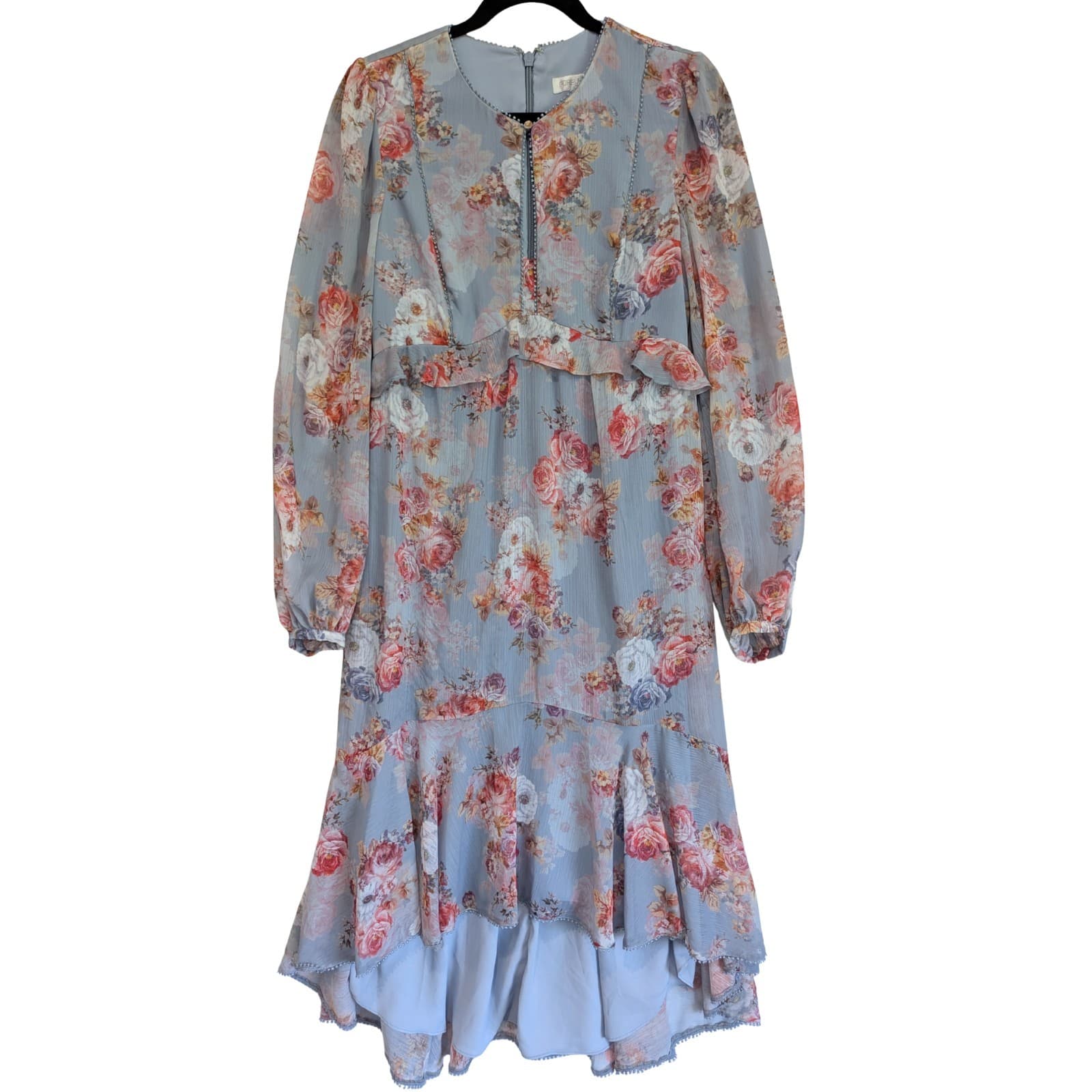 Forever New Dress Floral Ruffle Midi Blue Pink Long Sleeve Chiffon Size Aus 10 — photo 2 of 11
