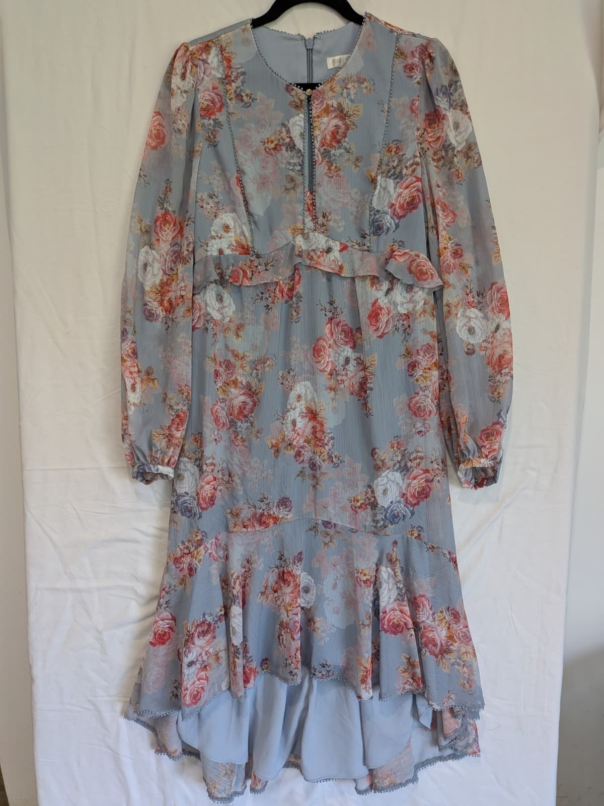 Forever New Dress Floral Ruffle Midi Blue Pink Long Sleeve Chiffon Size Aus 10 — photo 3 of 11