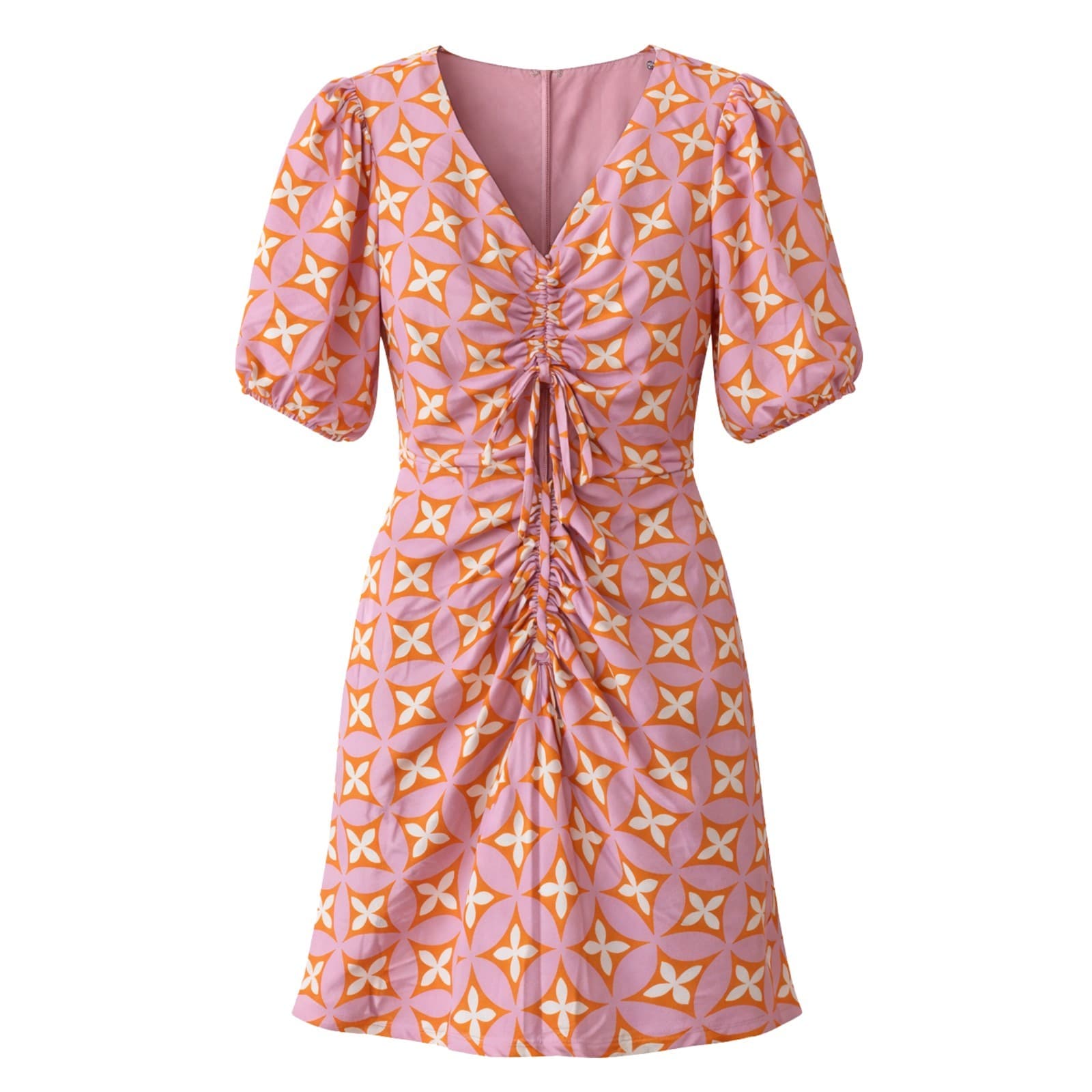 Calli Mini Dress Pink Orange Geo Print Ruched Puff Sleeve Resort NWT Size 14