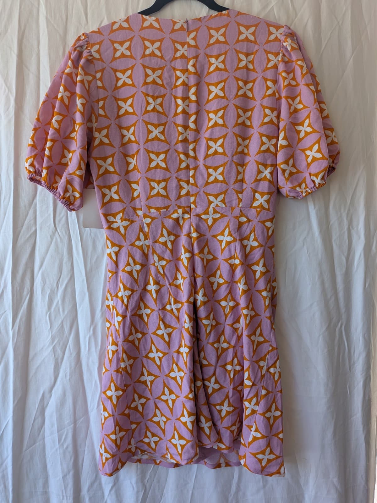 Calli Mini Dress Pink Orange Geo Print Ruched Puff Sleeve Resort NWT Size 14 — photo 12 of 14