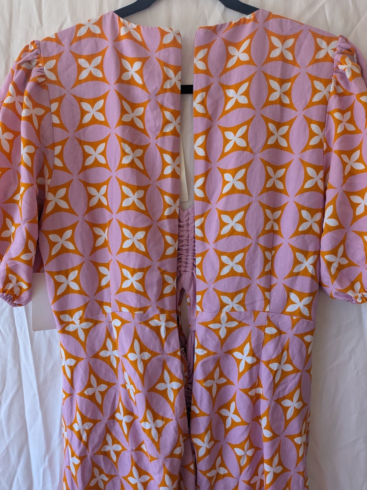Calli Mini Dress Pink Orange Geo Print Ruched Puff Sleeve Resort NWT Size 14 — photo 13 of 14