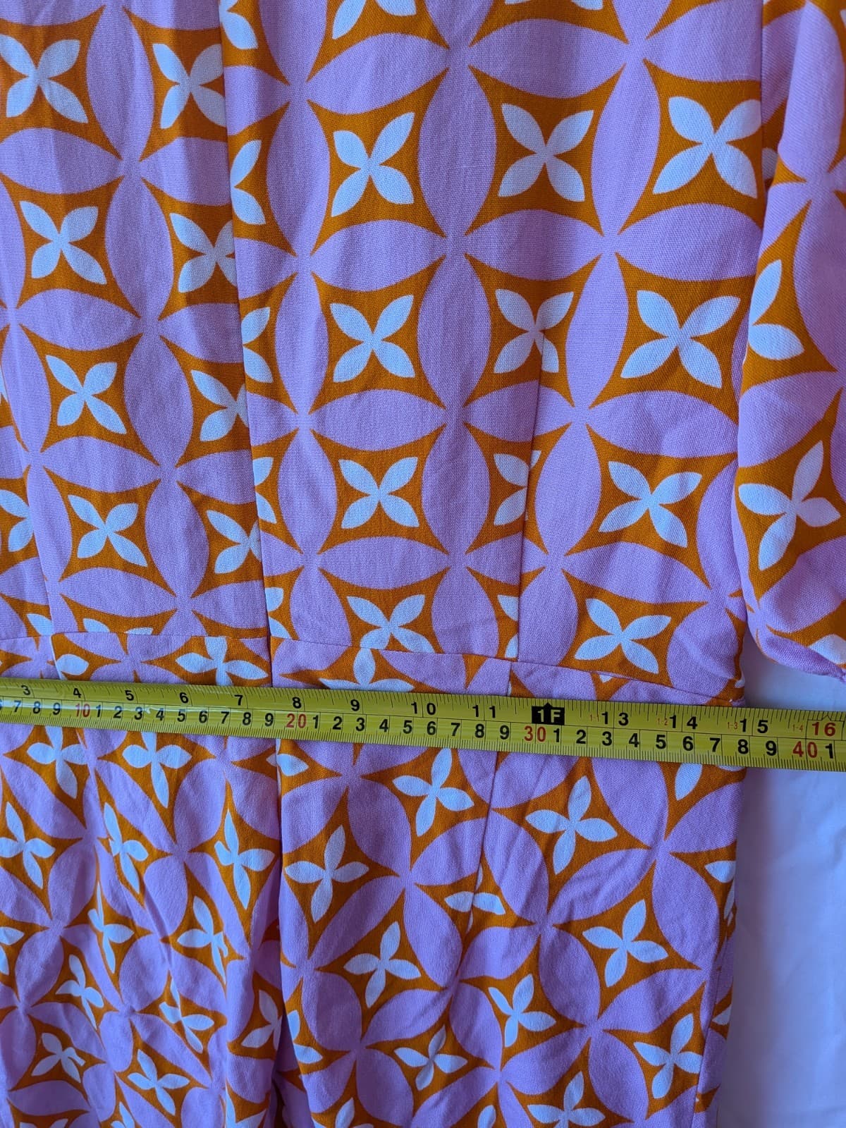 Calli Mini Dress Pink Orange Geo Print Ruched Puff Sleeve Resort NWT Size 14 — photo 14 of 14