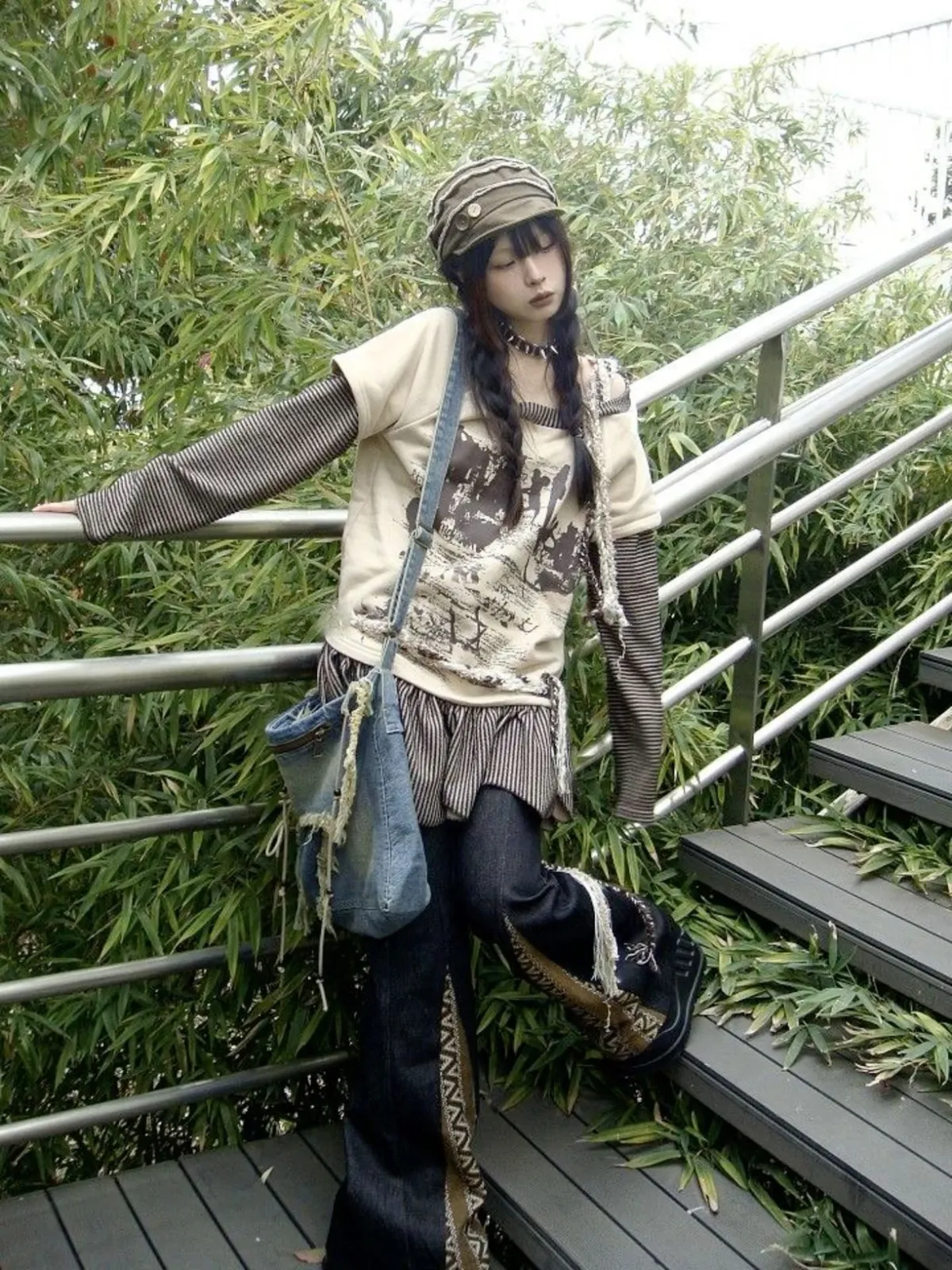Acubi aesthetic — This image is a strong representation of Acubi's subversive basics and layered styling, with distressed elements and a muted palette, fitting the description's cyber-grunge undertones.