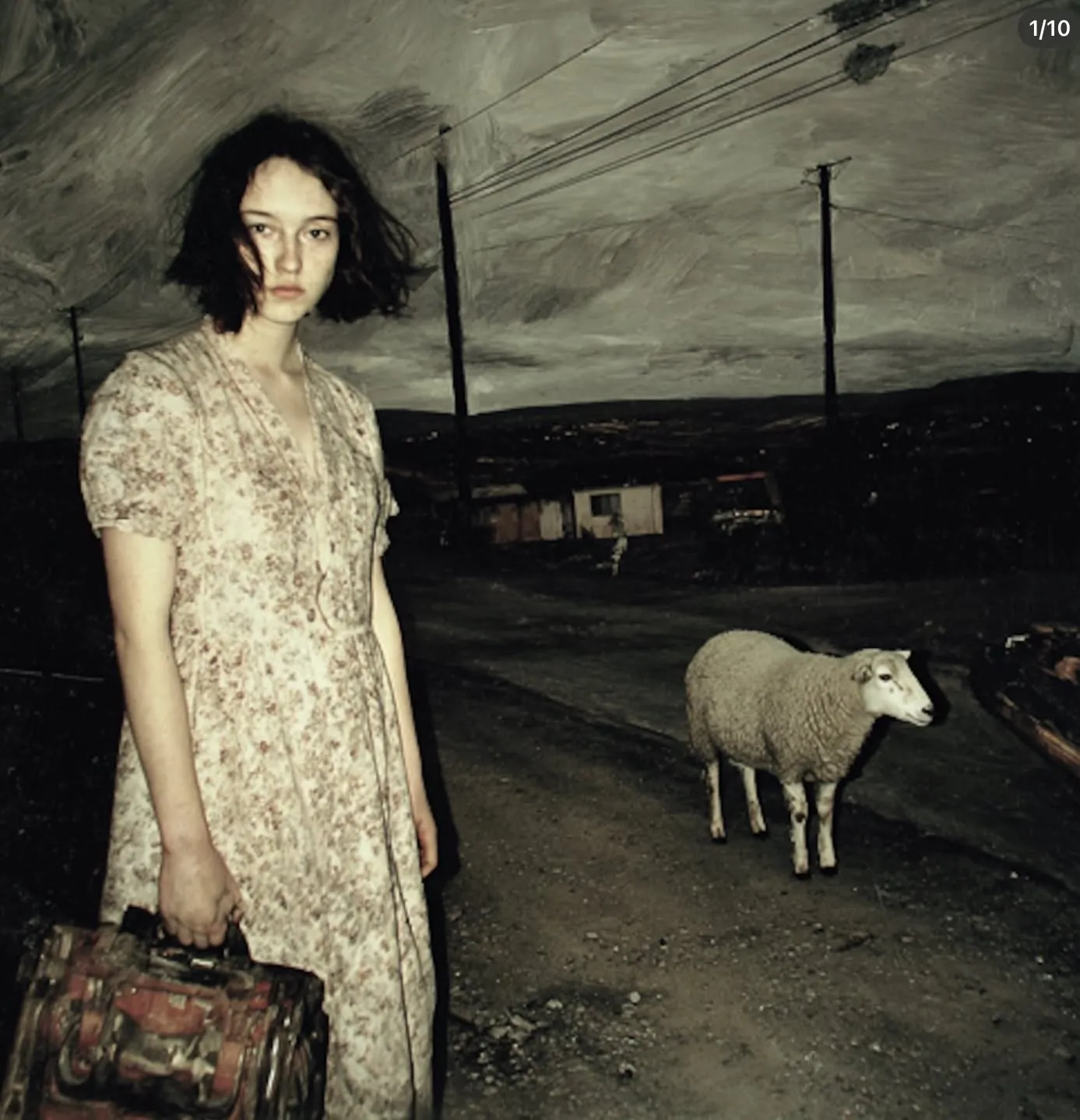 Appalachian Gothic aesthetic — The faded calico dress and the overall mood of isolation and folk-horror imagery, reminiscent of "the VVITCH," perfectly capture the aesthetic.