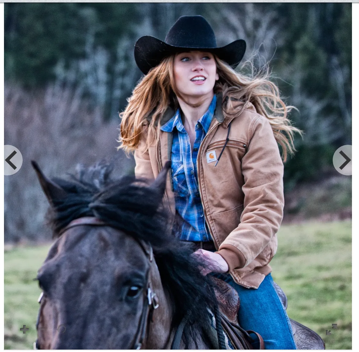 Barncore aesthetic — Riding a horse while wearing a Carhartt jacket over a plaid shirt and jeans is a perfect encapsulation of the Barncore aesthetic.