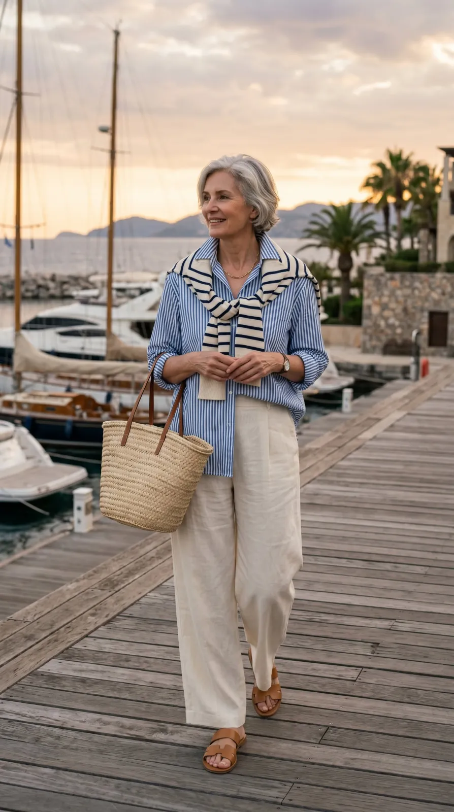 Coastal Grandmother aesthetic — Striped button-down, wide-leg linen trousers, straw tote, and leather slides perfectly capture the aesthetic's signature garments and relaxed, wealthy vibe.