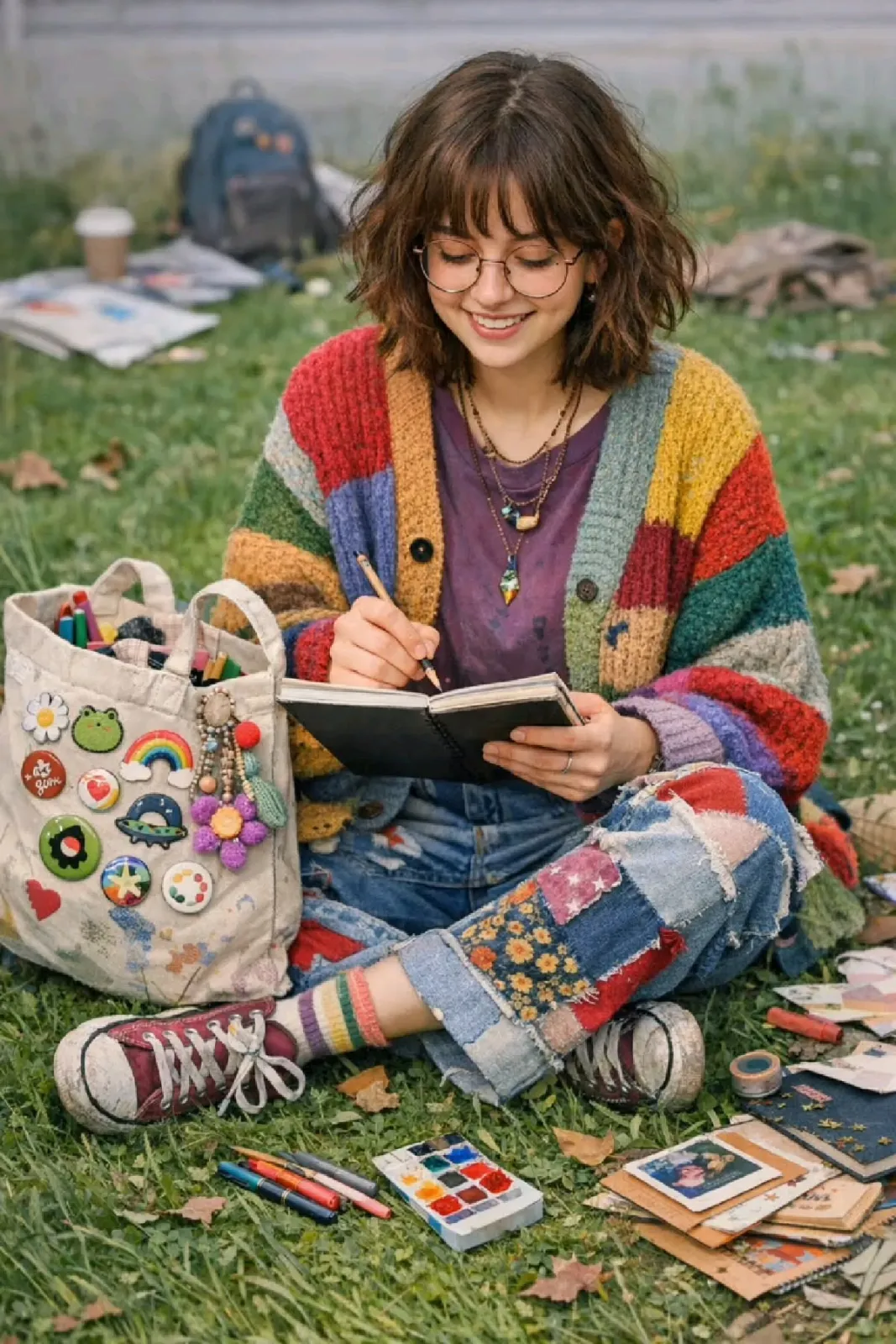 Craftcore aesthetic — This image perfectly encapsulates Craftcore with patchwork jeans, a colorful knitted cardigan, and a tote bag adorned with craft-related pins and charms, embodying the DIY and handmade ethos.
