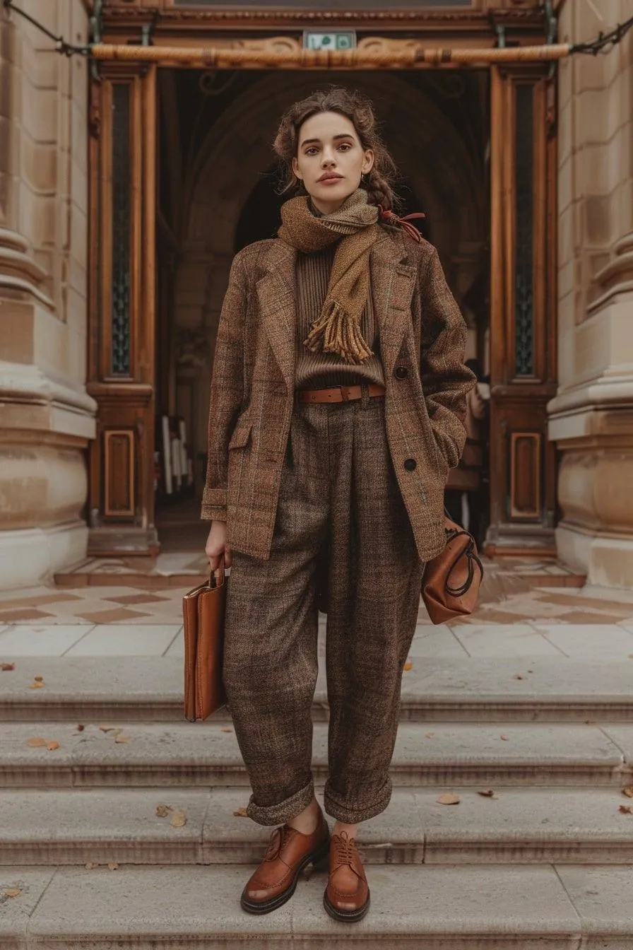 Dark Academia aesthetic — The full tweed suit, layered knitwear, scarf, leather briefcase, and autumnal setting are an almost perfect embodiment of the Dark Academia aesthetic's visual signature and scholarly mood.