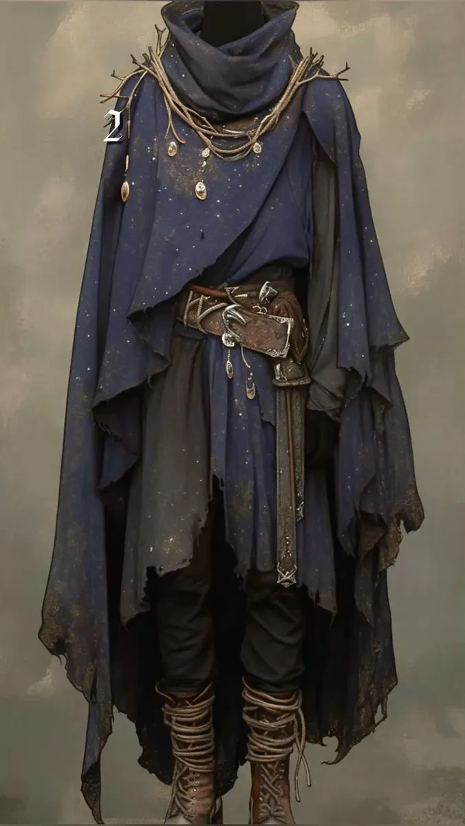 Dungeon Synth aesthetic — The layered blue cloak with star-like embellishments, leather pouch belt, and rustic boots perfectly capture the medieval fantasy aesthetic.