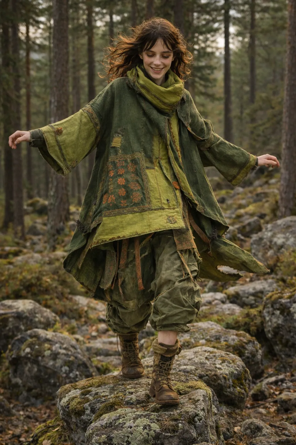 Forestcore aesthetic — The layered, textured green garments, earth-tone trousers, and woodland setting are quintessential Forestcore.