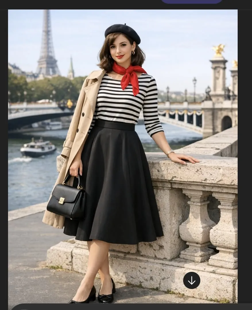 French Girl aesthetic — This image perfectly captures the French Girl aesthetic with a Breton stripe top, red silk scarf, trench coat, black skirt, beret, and iconic Parisian backdrop.