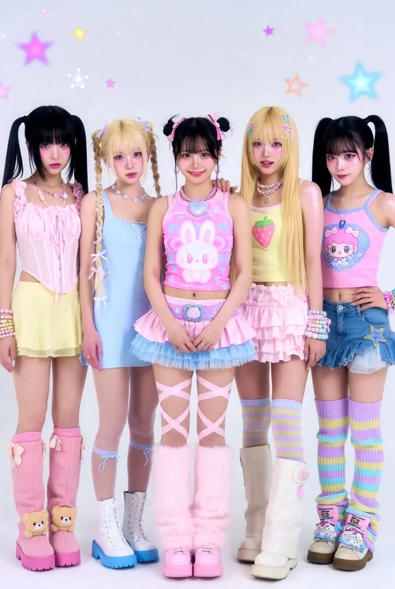 Girly Kei aesthetic — The image strongly aligns with the Girly Kei aesthetic, featuring a pink-dominant color palette, sweet styling with ruffles and bows, and accessories like pearl-like necklaces and hair clips. The overall vibe is very much the 'default cute-girl mode' described, with elements like tea dresses, soft cardigans, and ballet flats implied by the overall look and footwear.