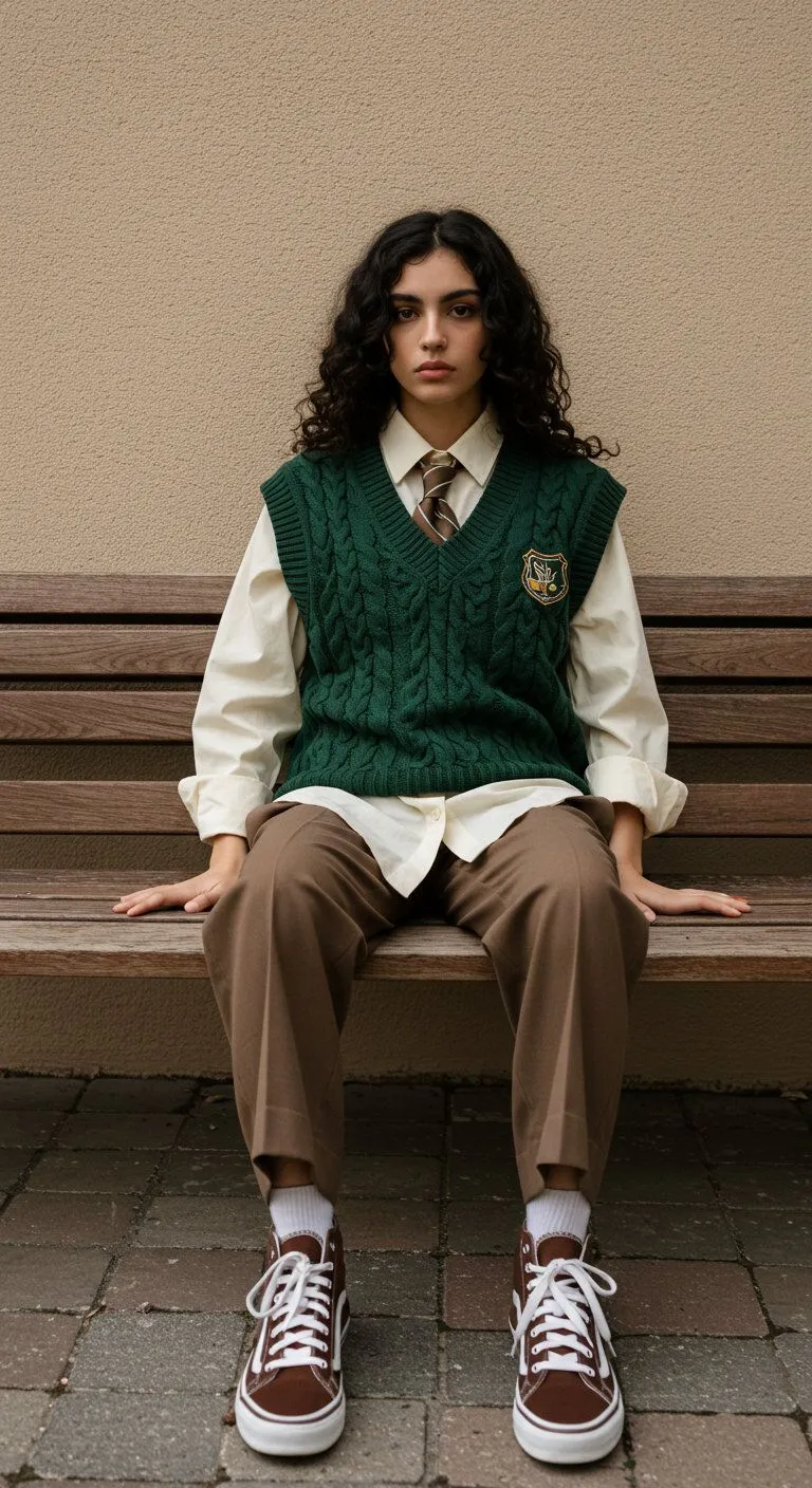 Green Academia aesthetic — The cable-knit moss green vest, oxford shirt, tie, and brown trousers perfectly capture the signature garments and academic framing of Green Academia.