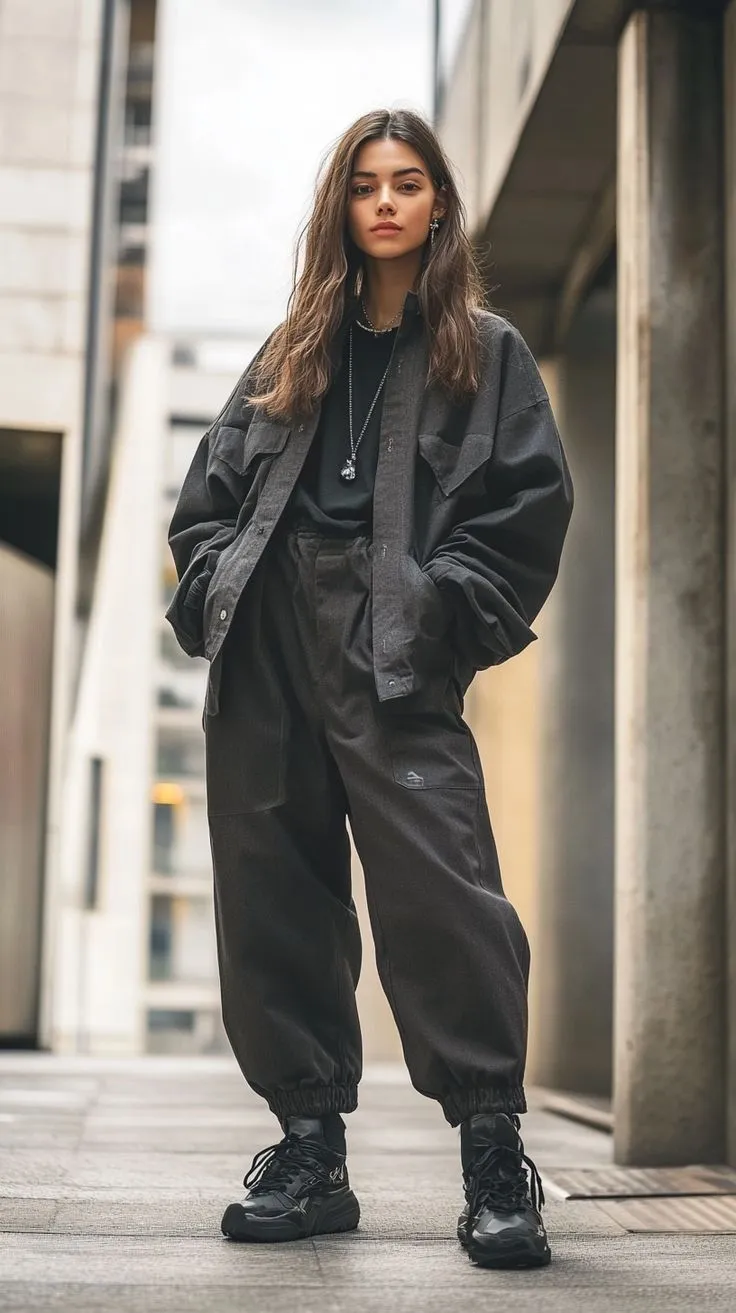 Hacker Chic aesthetic — The oversized dark grey jacket and pants, paired with chunky black sneakers and a minimalist tee, perfectly capture the dark palette, technical fabrics, and signature garments described for Hacker Chic.