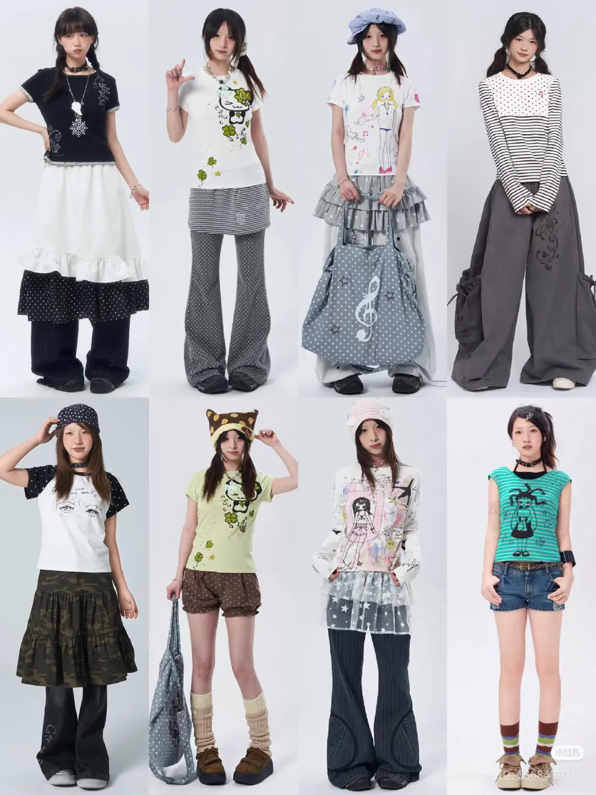 Hallyu aesthetic — This collage perfectly captures the K-pop idol stage looks and Seoul street style with its mix of oversized silhouettes, layered pieces, graphic tees, and Y2K-inspired bottoms and accessories.