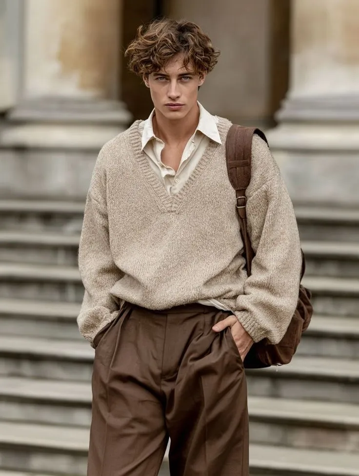 Light Academia aesthetic — The oversized V-neck sweater in a neutral tone, paired with brown trousers and a satchel, perfectly captures the relaxed, scholarly, and sun-dappled feel of Light Academia.