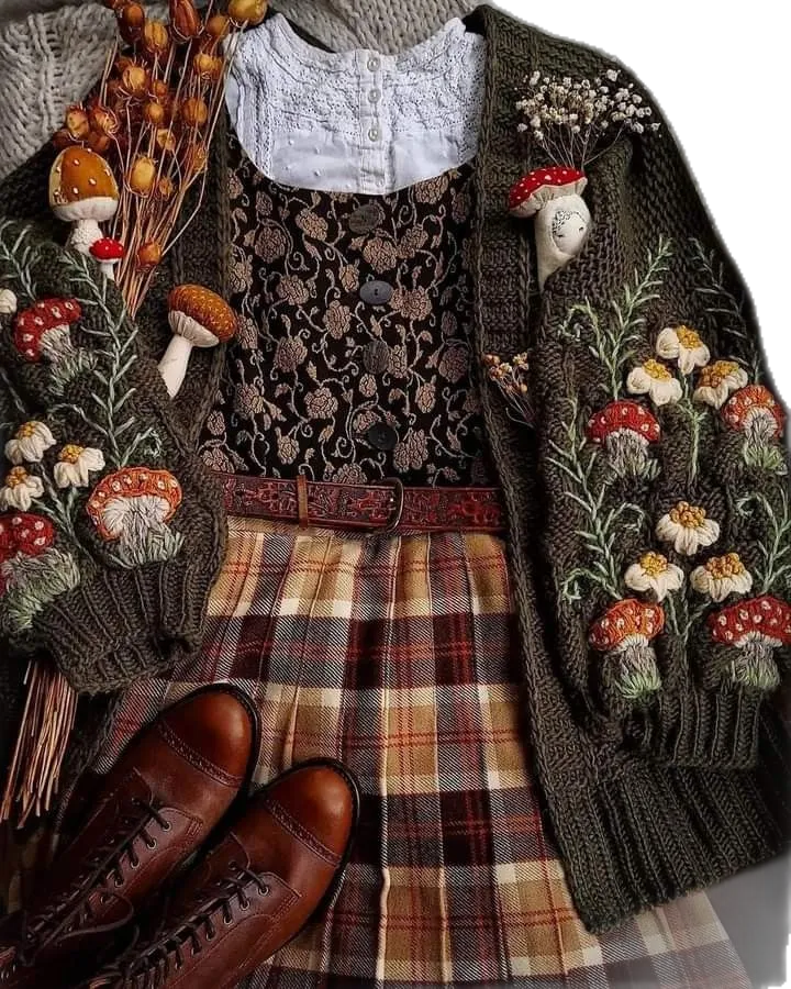 Mushroomcore aesthetic — The embroidered cardigan with mushroom motifs, plaid skirt, and brown shoes perfectly captures the woodland-foraging-witch mood and signature garments.