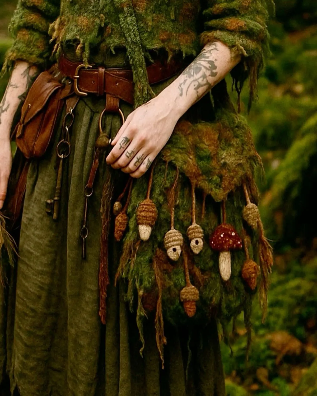 Naturecore aesthetic — The textured, moss-like bag with acorn and mushroom embellishments, paired with the earth-toned layered clothing and leather belt, perfectly captures the handmade, natural, and foraging-inspired elements of Naturecore.