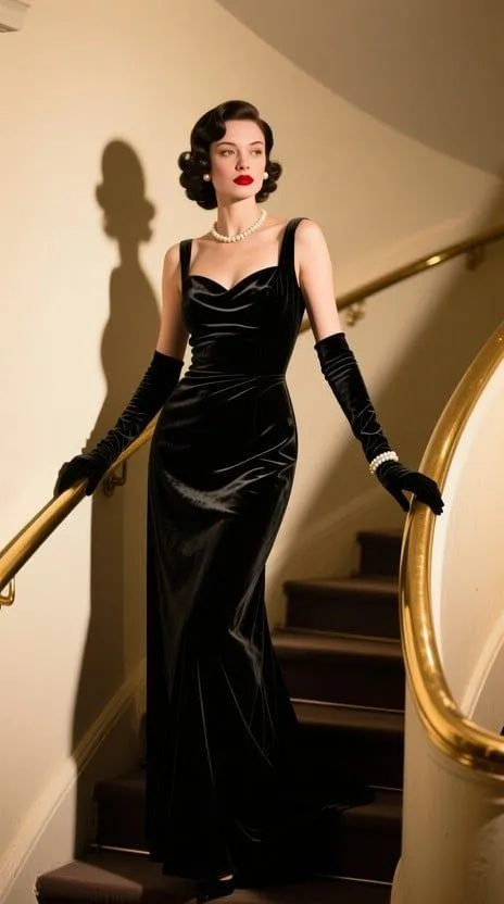Old Hollywood aesthetic — Velvet gown, opera gloves, finger waves, and red lip perfectly capture the described Old Hollywood aesthetic.
