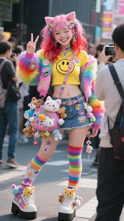 Oshare Kei aesthetic — This image is a quintessential Oshare Kei representation, featuring bright rainbow hair, a smiley face graphic tee, layered rainbow accessories, denim skirt, striped socks, and platform shoes, hitting all key visual cues.