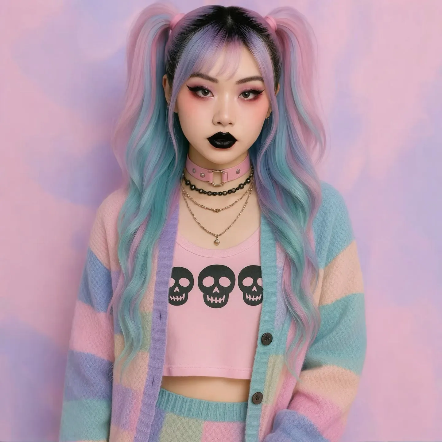 Pastel Goth aesthetic — The model's pastel-dyed hair, black lipstick, pastel striped cardigan and skirt set with skull motifs, and pink choker are direct matches to the description's visual signature and garments.