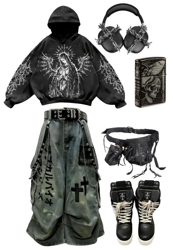 Phonk aesthetic — This image perfectly captures the aesthetic with oversized black hoodie featuring gothic graphics, distressed wide-leg jeans with chains, and chunky platform boots, aligning with signature garments and visual style.