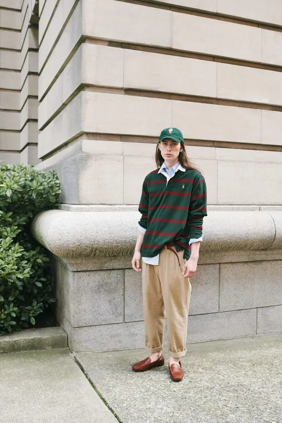Prep aesthetic — Classic rugby shirt with collegiate stripes and a polo logo, paired with chinos and loafers, perfectly captures the described aesthetic.