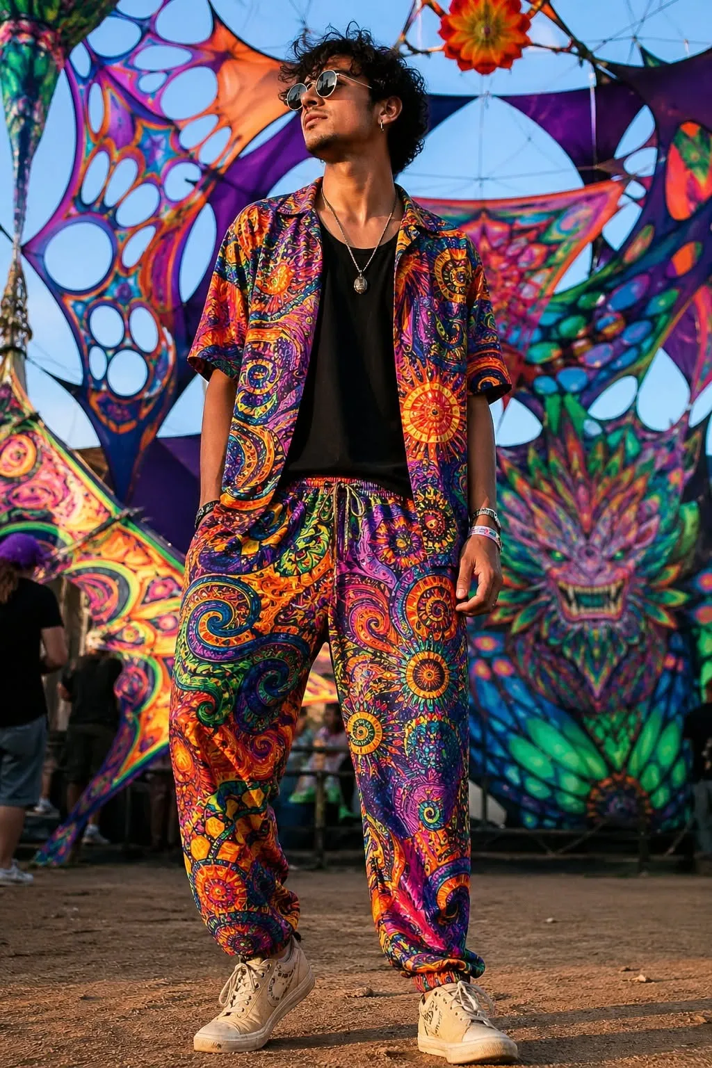 Psychedelia aesthetic — The all-over, swirling, kaleidoscopic print on the matching shirt and pants is a hallmark of psychedelic fashion.