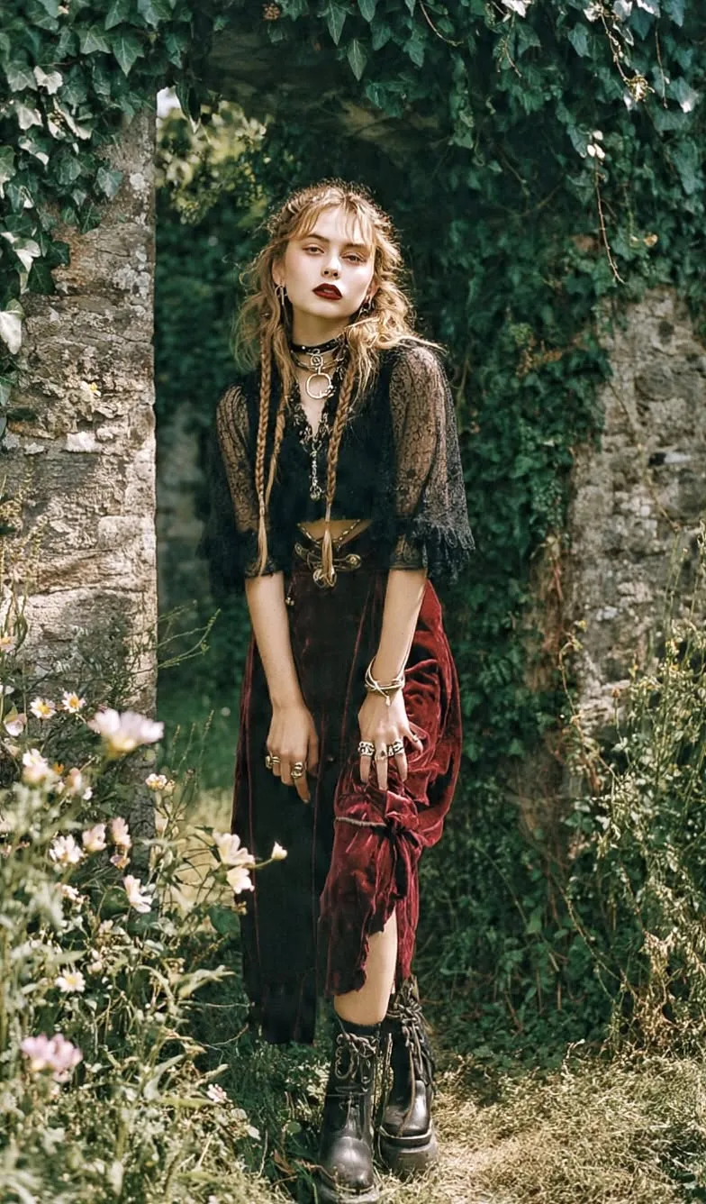Romantic Goth aesthetic — Velvet skirt, lace top, layered necklaces with crosses, and the overall melancholic, romantic styling strongly align with the 19th-century Romantic and gothic literature influences.