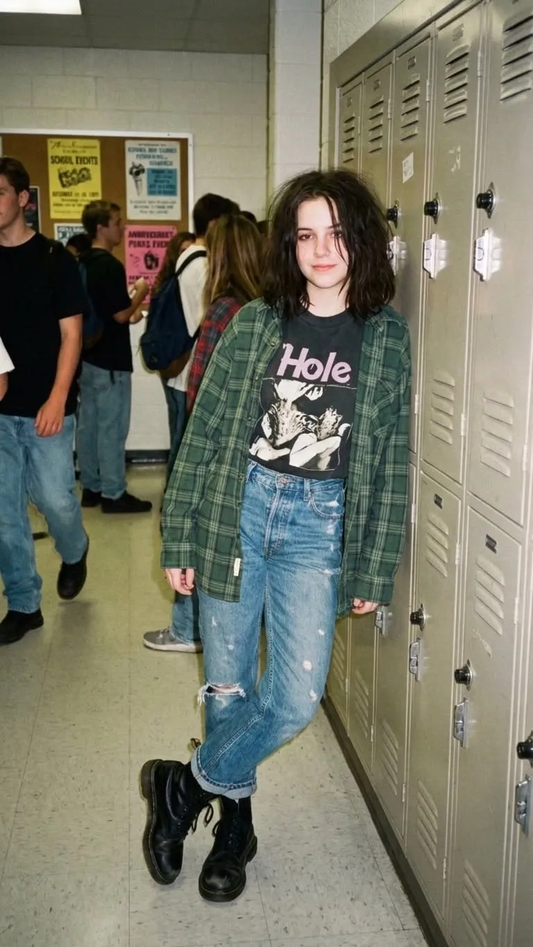 Soft Grunge aesthetic — The combination of a band tee ('Hole'), flannel tied around the waist, distressed denim, and combat boots perfectly embodies the core elements of Soft Grunge as described.