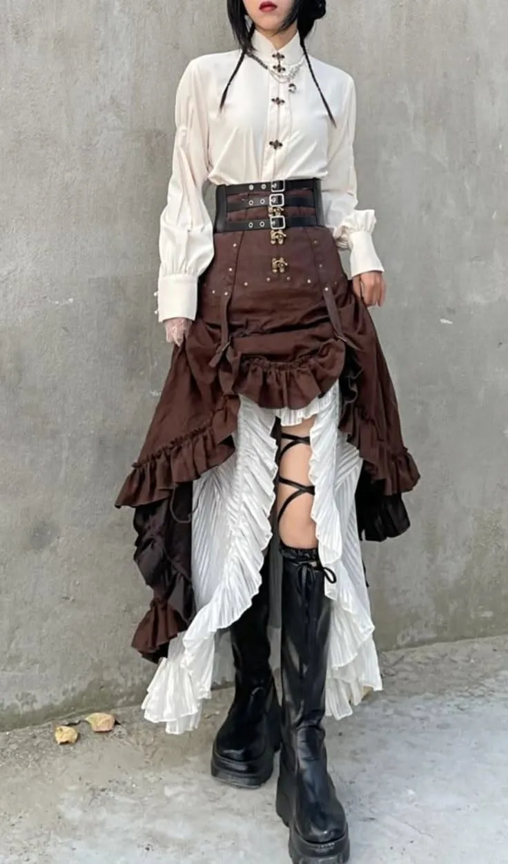 Steampunk aesthetic — Perfectly captures the description with a high-waisted bustle skirt, corset over a blouse, and lace-up boots in the signature palette.